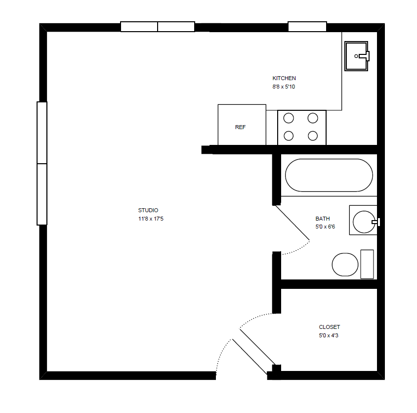 Floor plan for studio, 1 bath, 350 sqft
